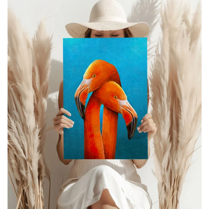 Vibrant orange flamingo duo on turquoise aluminum print held by person in white hat and dress