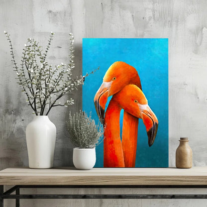 Vibrant orange flamingo duo on turquoise aluminum print