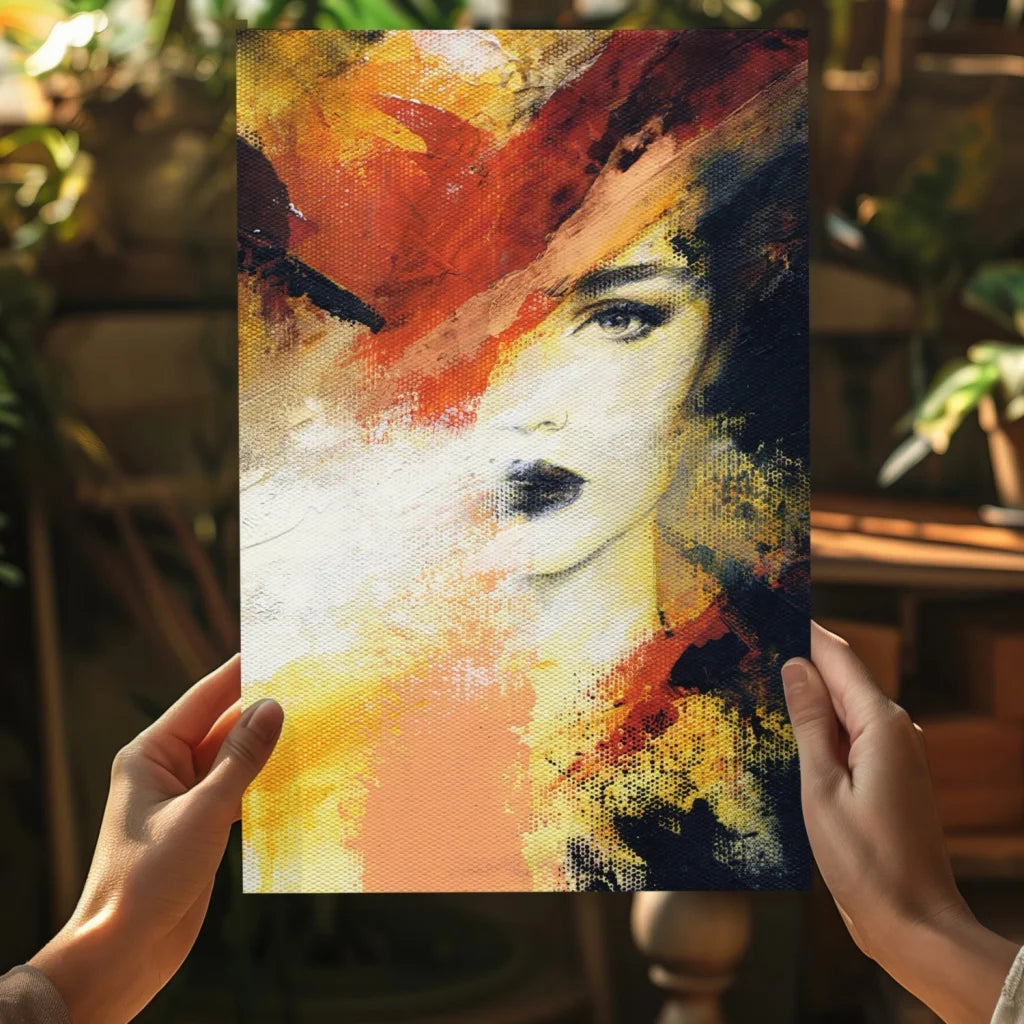 Vibrant orange hat woman abstract canvas print with bold brushstrokes