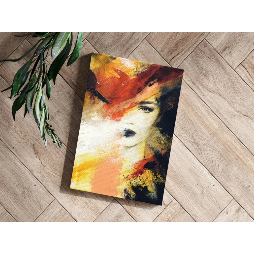 Vibrant canvas print of woman in orange hat on abstract background