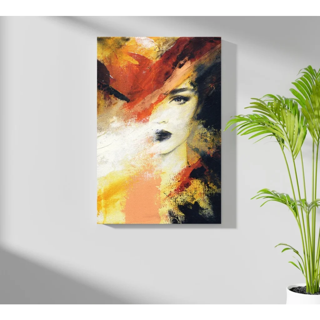 Vibrant abstract canvas print of orange hat woman with textured brushstrokes