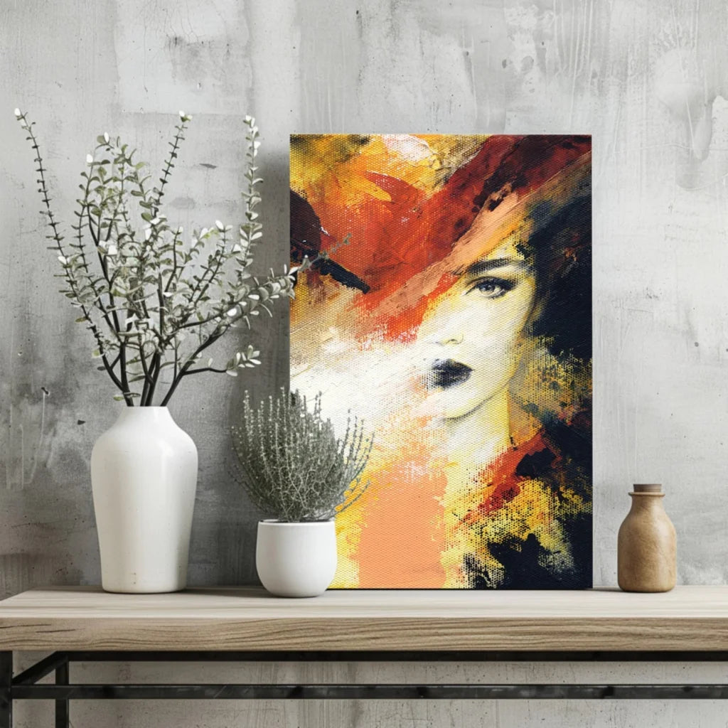 Vibrant orange hat woman abstract canvas print in red hues