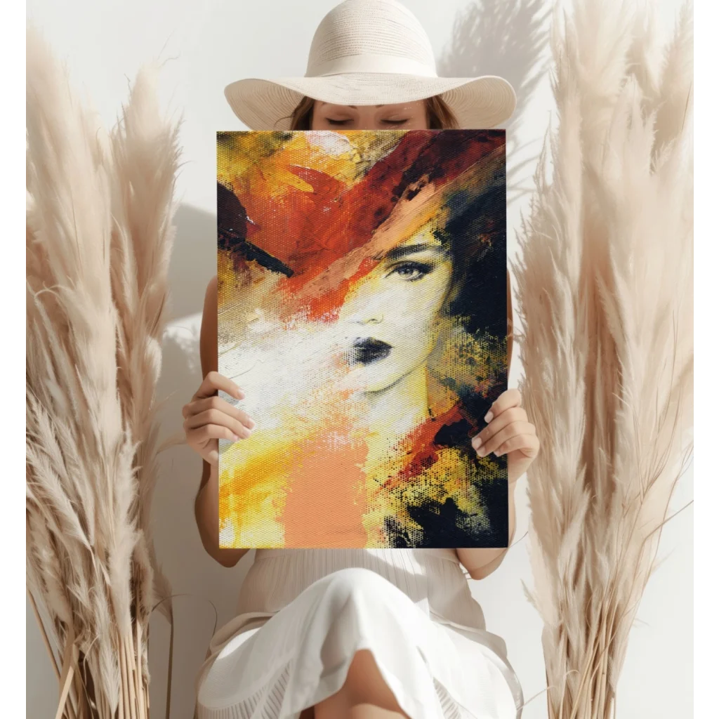 Vibrant orange hat woman abstract canvas print poster
