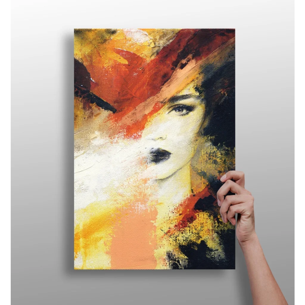 Vibrant Orange Hat Woman abstract canvas print with textured face