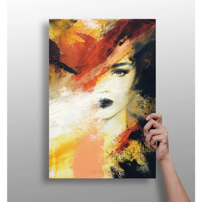 Vibrant Orange Hat Woman abstract canvas print with textured face