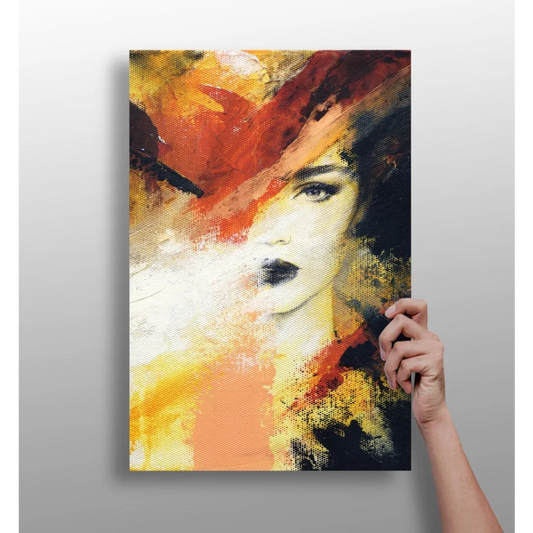 Vibrant Orange Hat Woman abstract canvas print with textured face