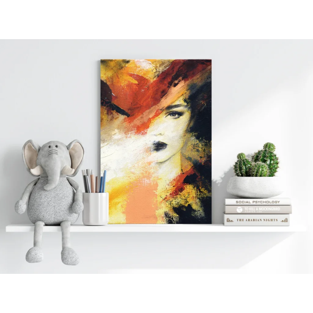 Vibrant orange hat woman abstract canvas print with fiery hues