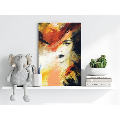 Vibrant orange hat woman abstract canvas print with fiery hues