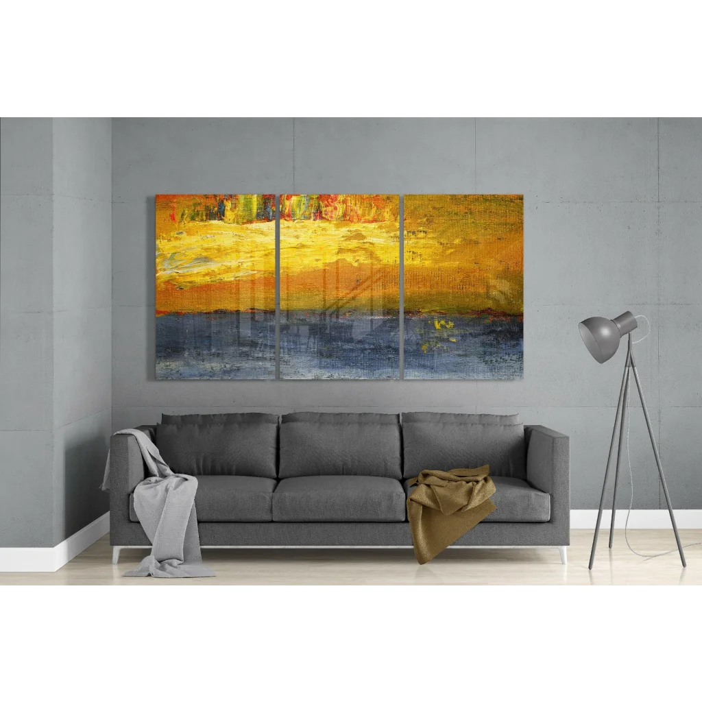 Vibrant orange yellow triptych glass wall art with forest texture
