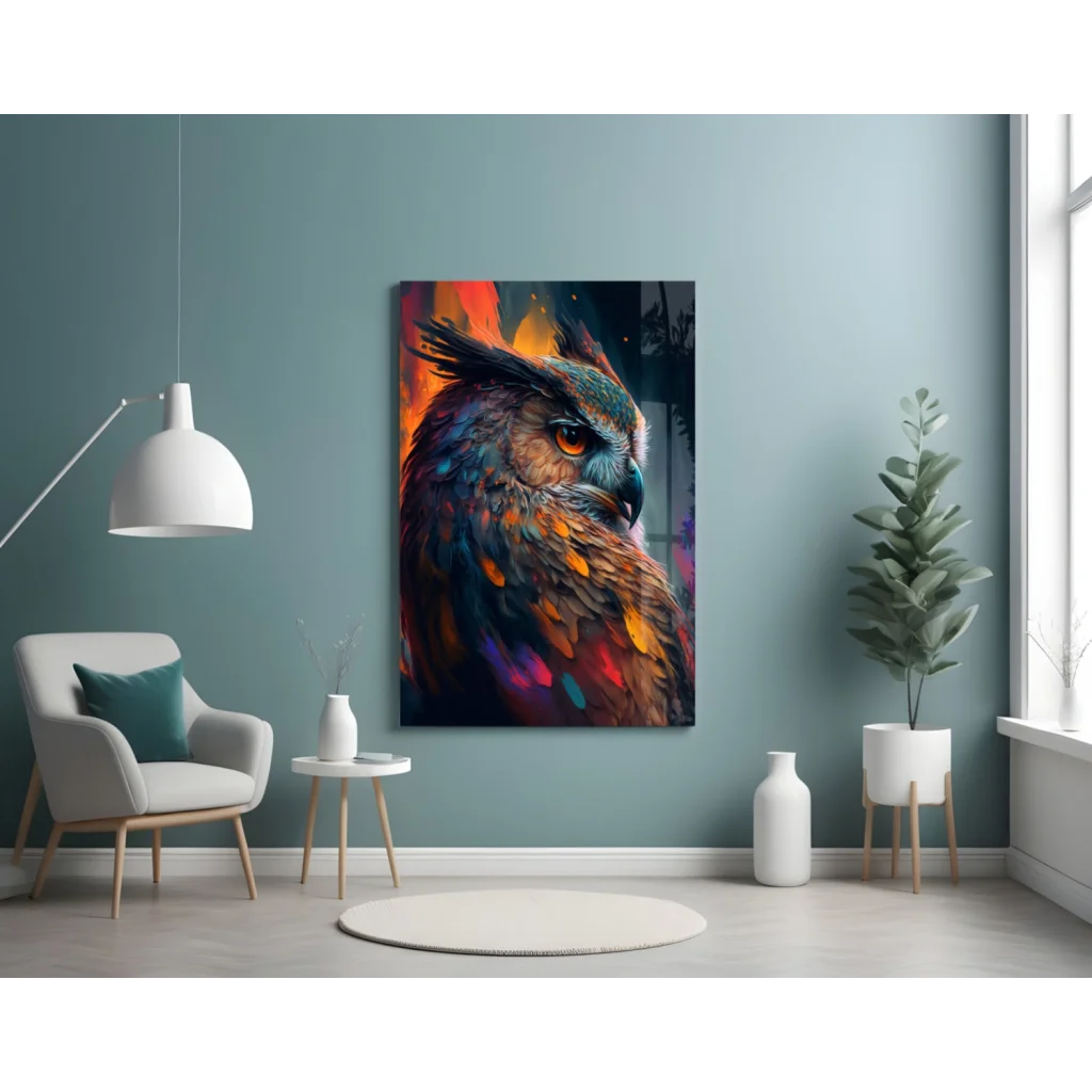 Vibrant owl wall art canvas print with textured feathers