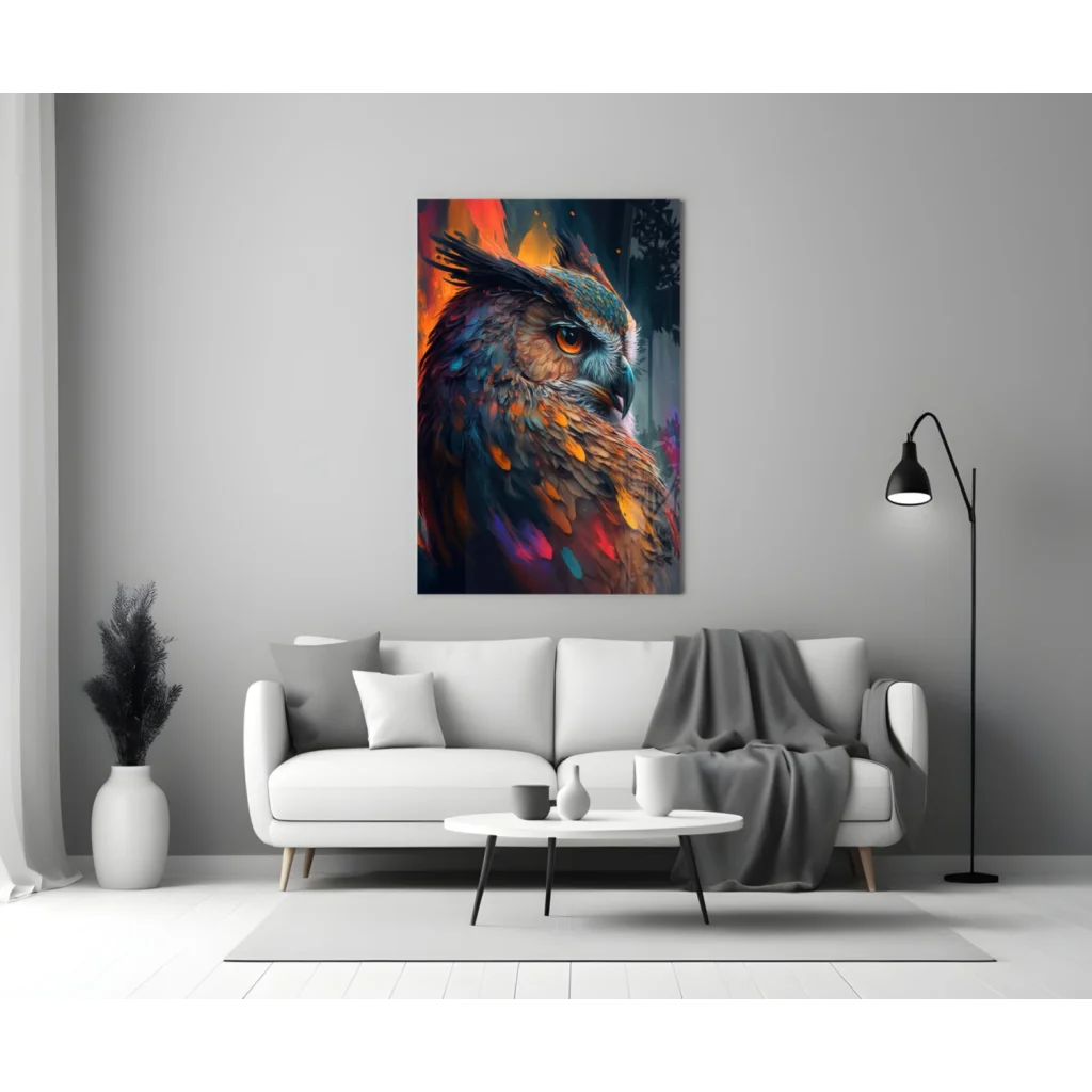 Vibrant owl wall art canvas print with textured feathers