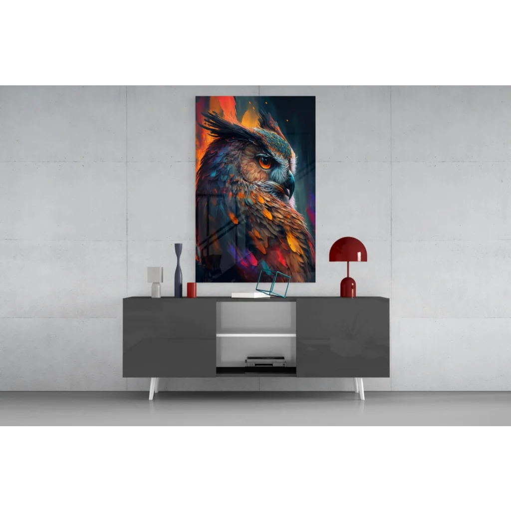 Vibrant owl wall art canvas print with textured feathers