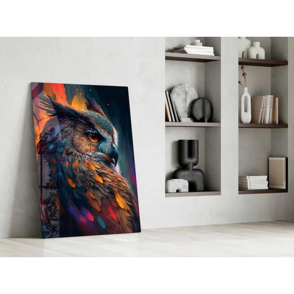 Vibrant owl wall art canvas print with colorful textured feathers