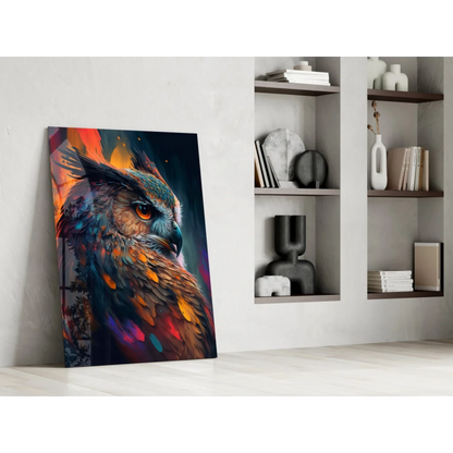 Vibrant owl wall art canvas print with colorful textured feathers