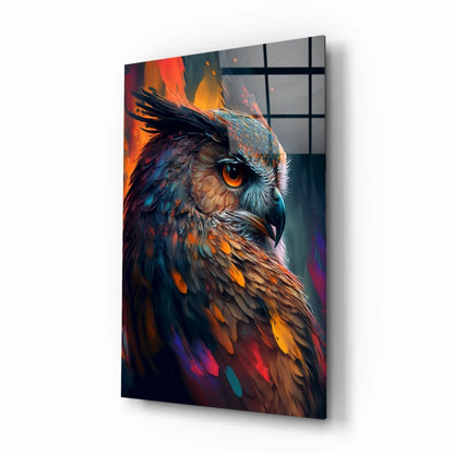 Vibrant owl wall art canvas print with textured feathers on metal