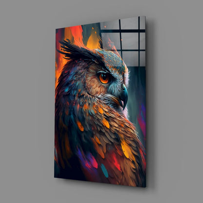 Colorful owl canvas wall art with vibrant textured feathers