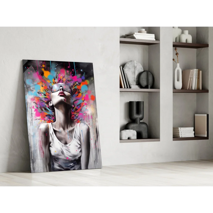 Vibrant paint splash woman wall art print with colorful abstract hair