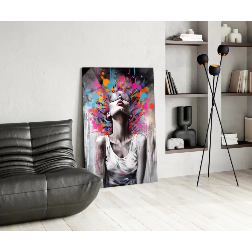 Vibrant paint splash woman wall art print with colorful abstract canvas and black-white portrait