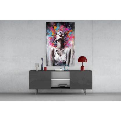 Vibrant paint splash woman wall art print with modern gray sideboard
