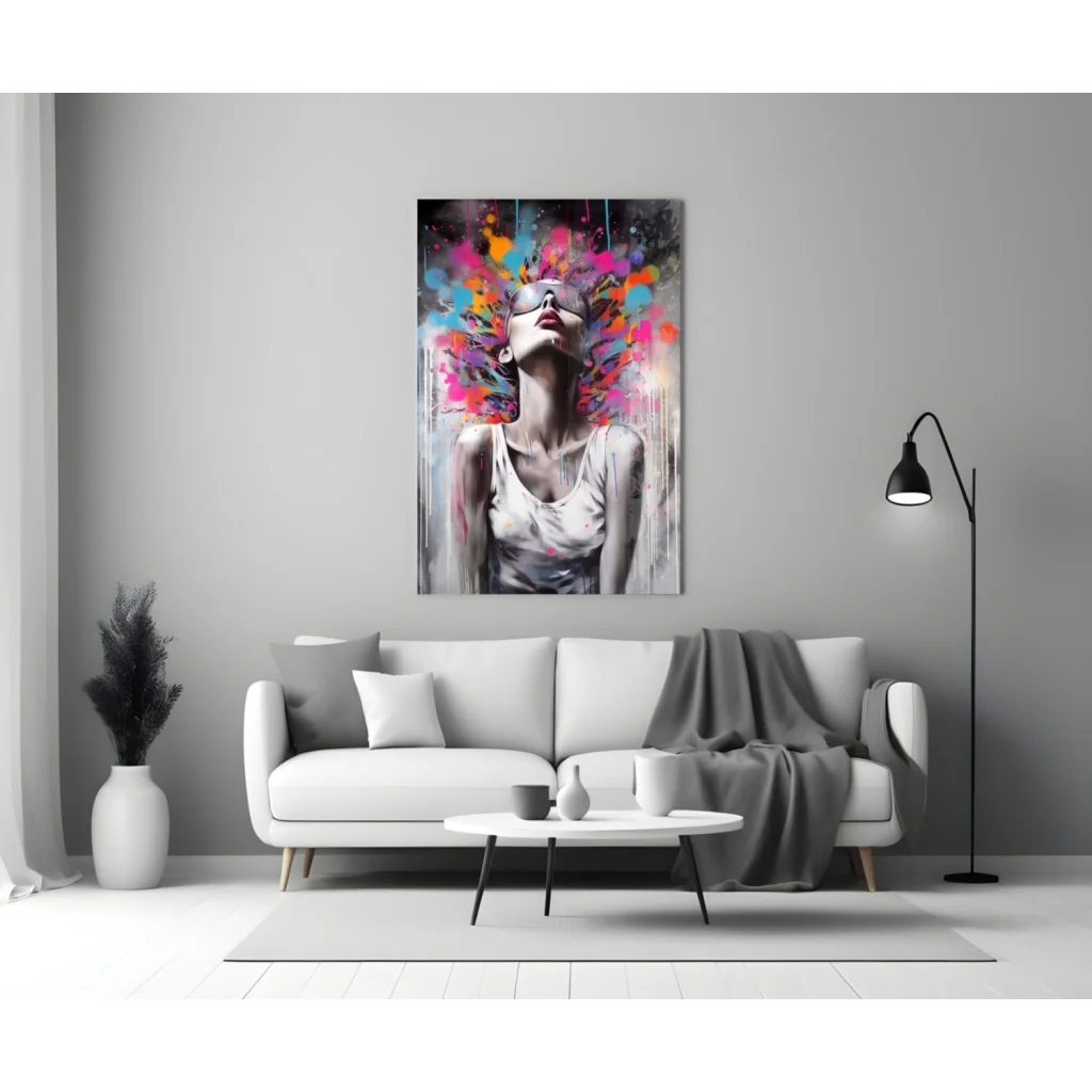 Vibrant paint splash woman wall art print with colorful splatters