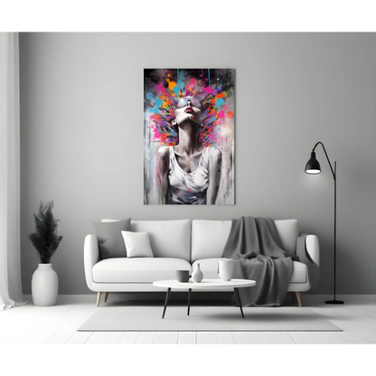 Vibrant paint splash woman wall art print with colorful splatters