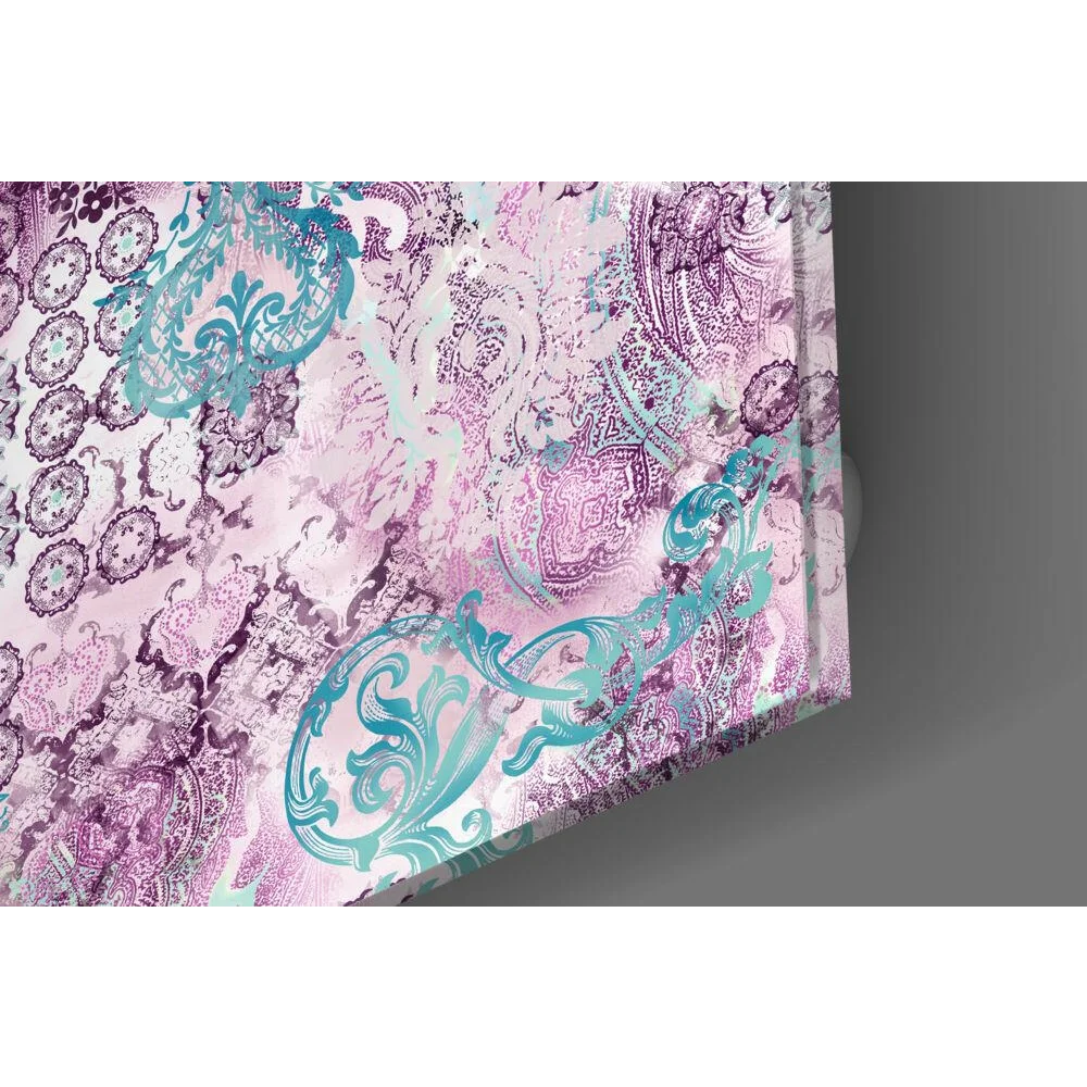 Vibrant paisley glass wall art in pink, teal, purple on canvas