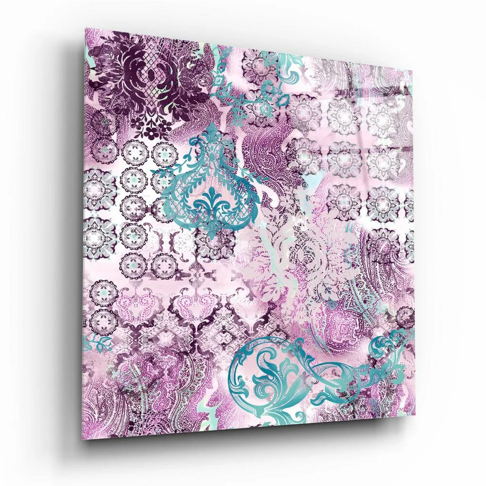 Vibrant paisley glass wall art panel in pink, teal, purple