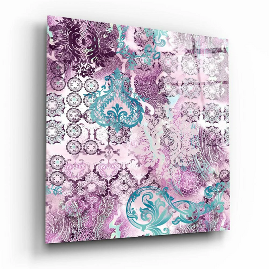 Vibrant paisley glass wall art panel in pink, teal, purple