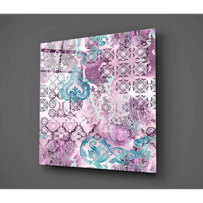 Vibrant pink teal purple paisley glass wall art panel with ornate damask motifs
