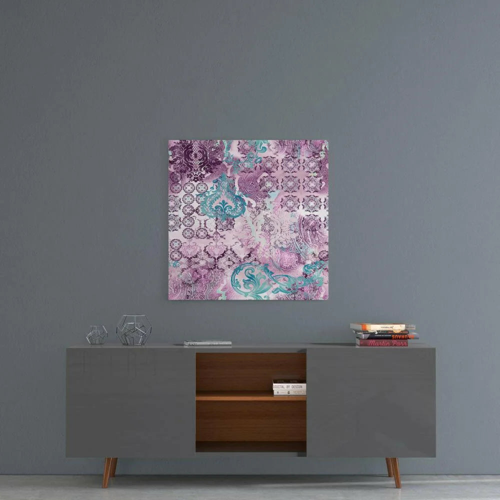 Vibrant purple teal glass wall art with pink damask motifs