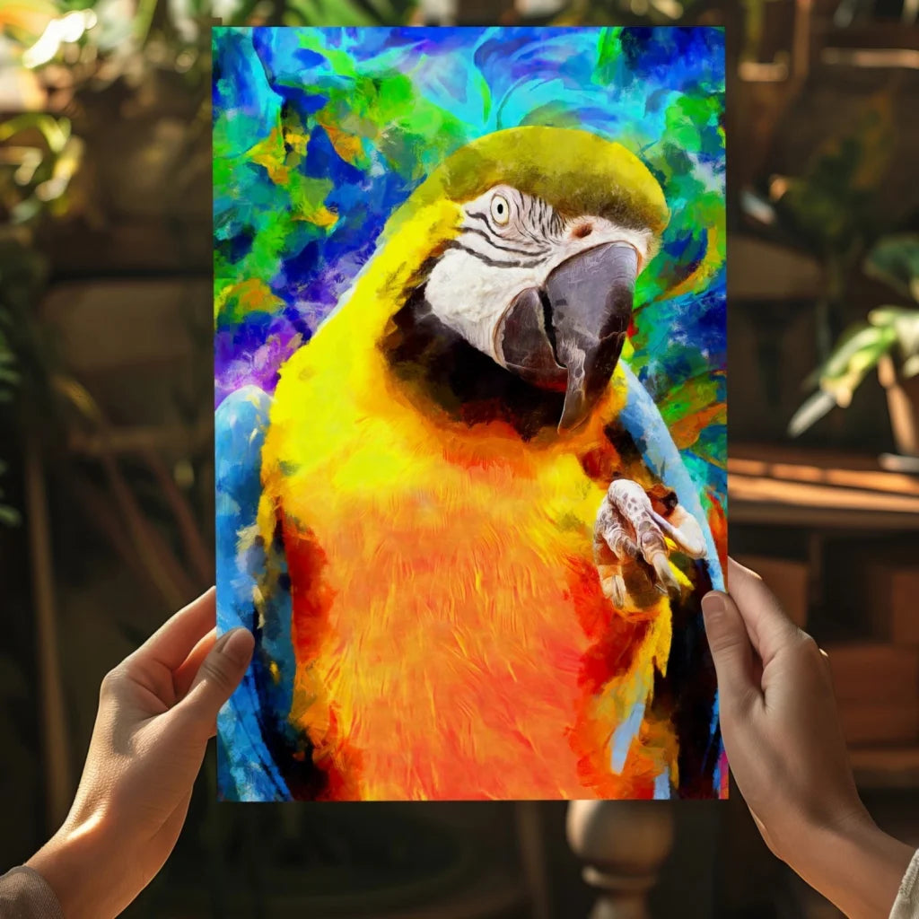 Vibrant parrot canvas print poster in colorful tropical hues