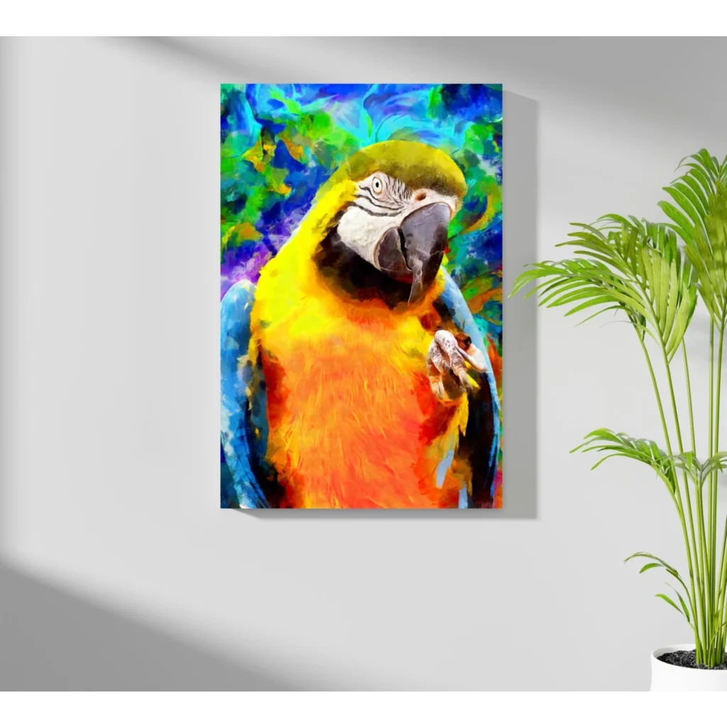 Vibrant parrot canvas art print on white wall with tropical flair