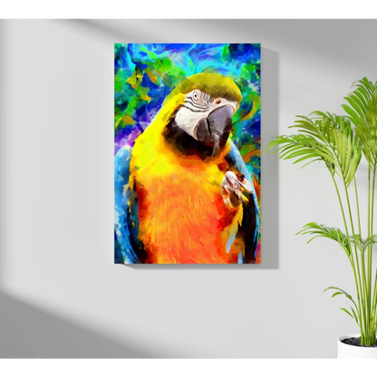 Vibrant parrot canvas art print on white wall with tropical flair