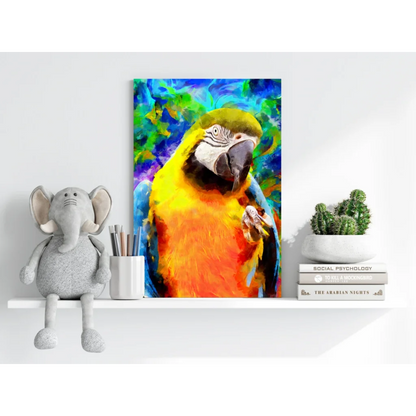 Vibrant parrot canvas print with colorful tropical flair and textured brushstrokes