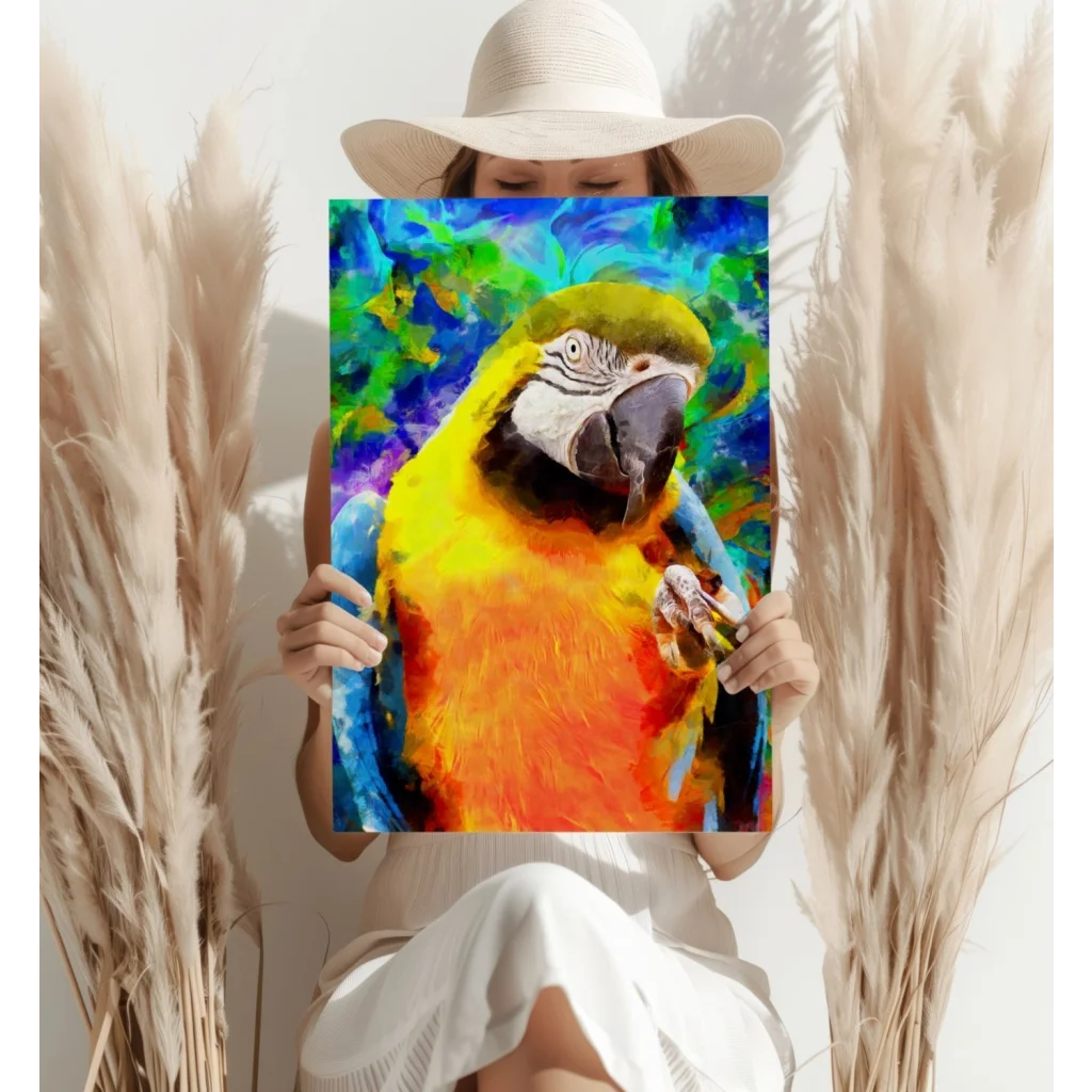 Vibrant colorful macaw parrot canvas art print with tropical flair