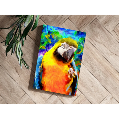 Vibrant parrot canvas print with colorful feathers and tropical flair