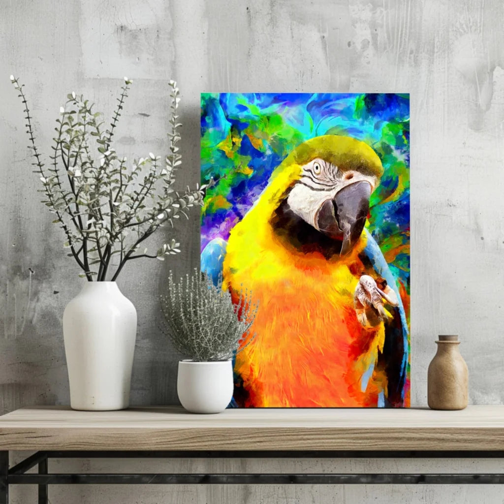 Vibrant yellow and green parrot canvas print with tropical flair
