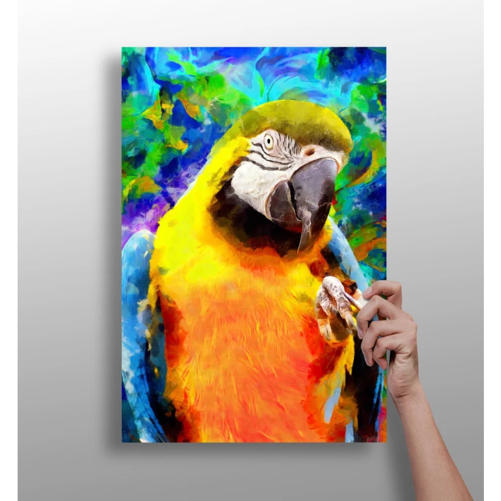 Vibrant yellow and blue parrot painting on canvas with tropical flair