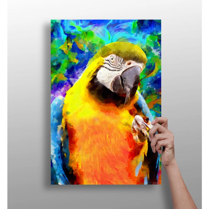 Vibrant yellow and blue parrot painting on canvas with tropical flair