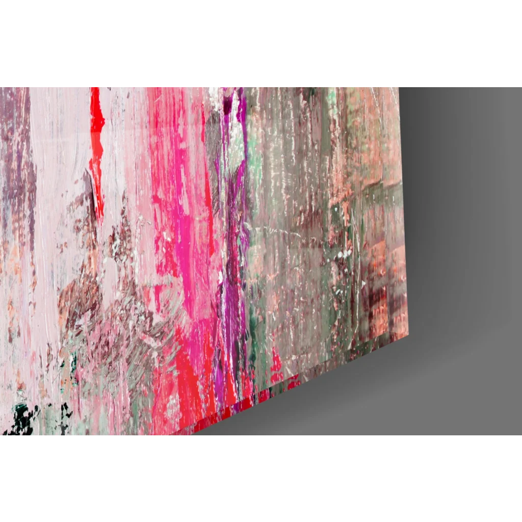 Vibrant pink abstract glass wall art canvas with purple and green hues