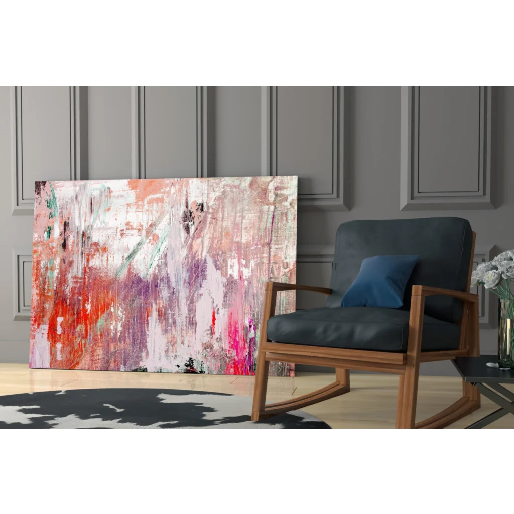 Vibrant pink abstract glass wall art canvas with orange and white hues on gray background