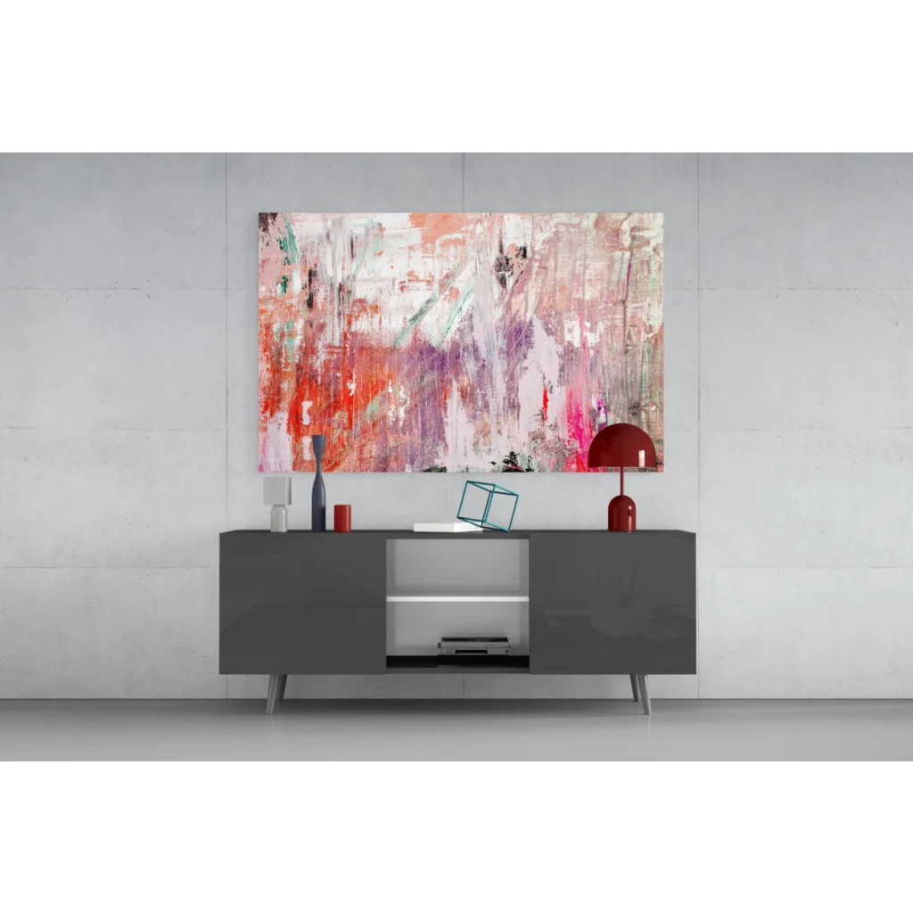 Vibrant pink abstract glass wall art canvas with black lacquered frame