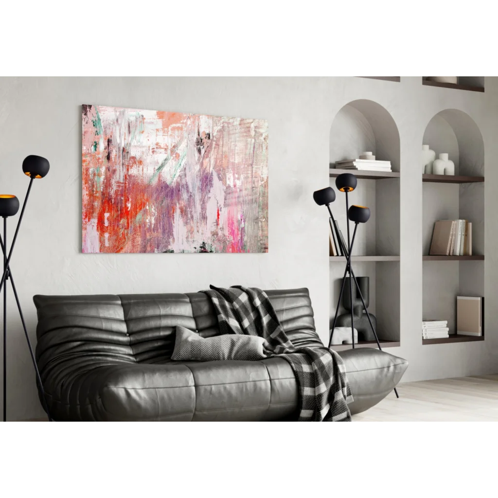 Vibrant pink abstract glass wall art with orange, pink, white hues on gray