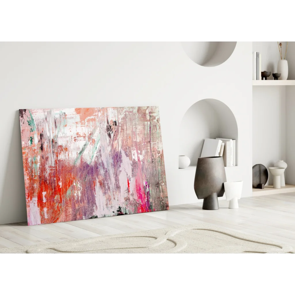Vibrant pink abstract glass wall art canvas with orange and green hues