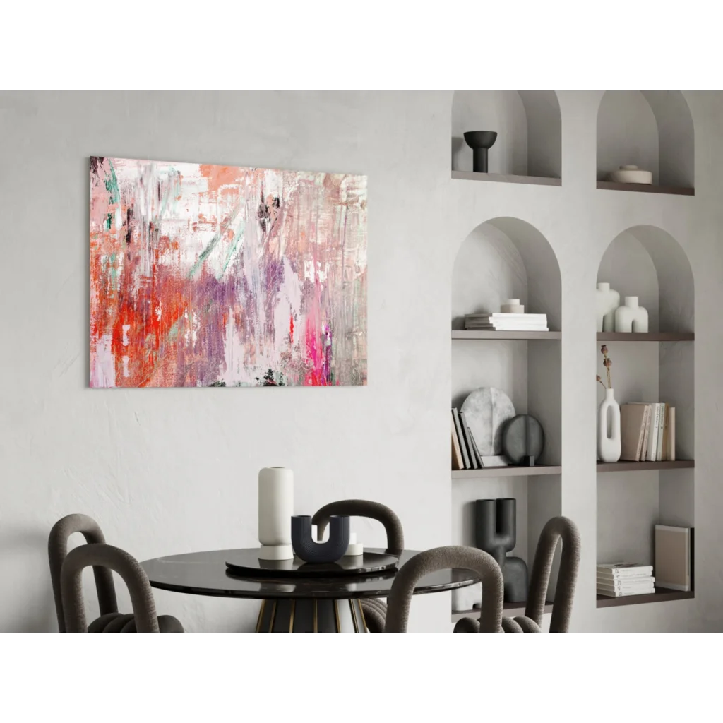 Vibrant pink abstract glass wall art canvas with reds, pinks, whites