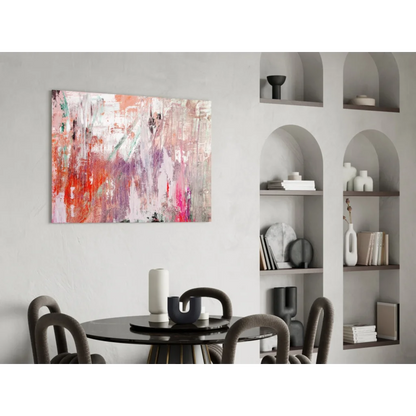 Vibrant pink abstract glass wall art canvas with reds, pinks, whites