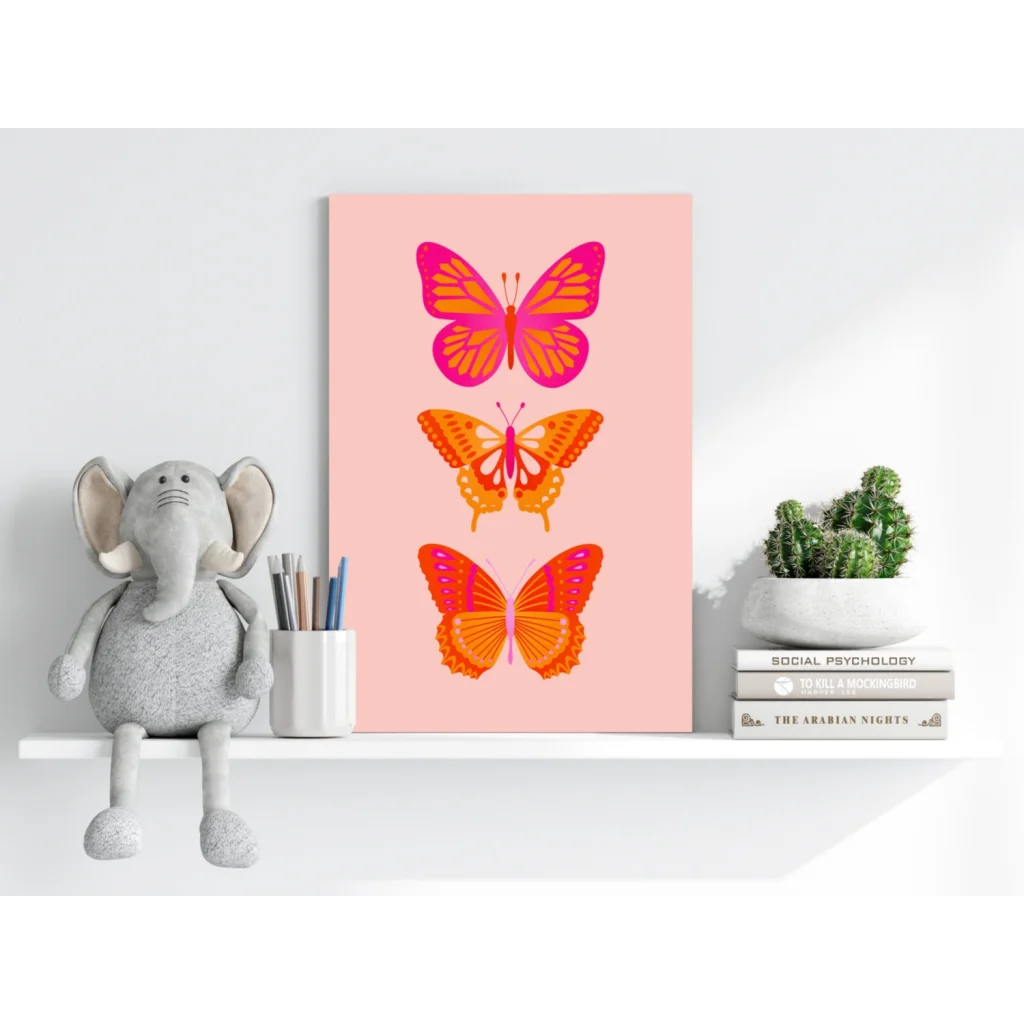 Vibrant pink butterfly aluminum art print with magenta orange stylized butterflies on peach background