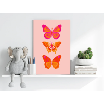 Vibrant pink butterfly aluminum art print with magenta orange stylized butterflies on peach background