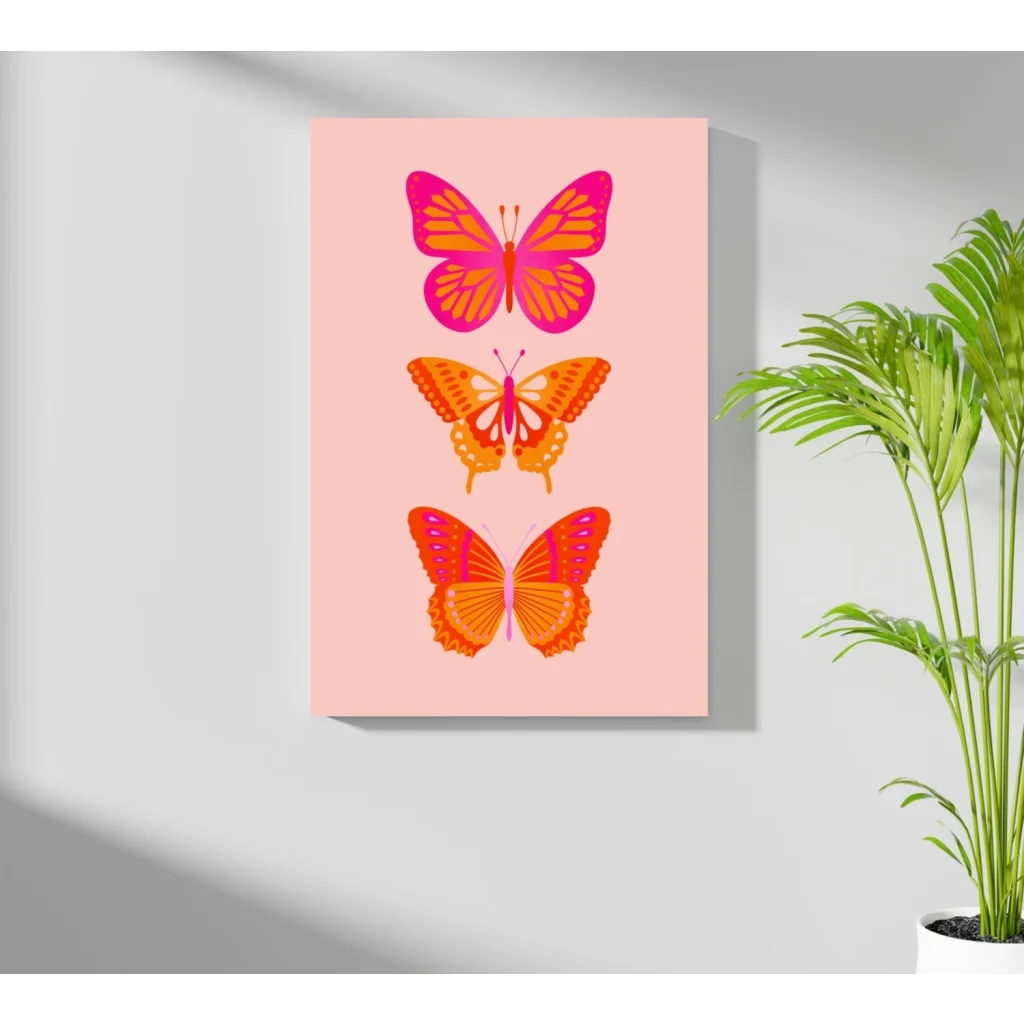 Vibrant pink butterfly aluminum art print with orange stylized butterflies on peach background