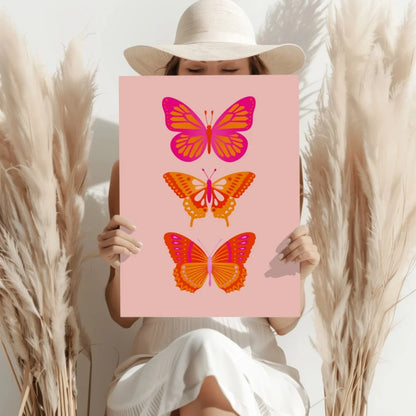 Vibrant pink butterfly aluminum art print with orange magenta designs
